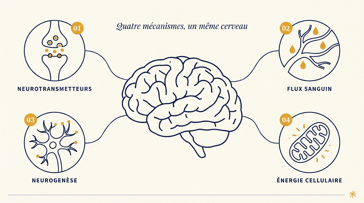 Infographie des 4 mécanismes d'action des nootropiques sur le cerveau